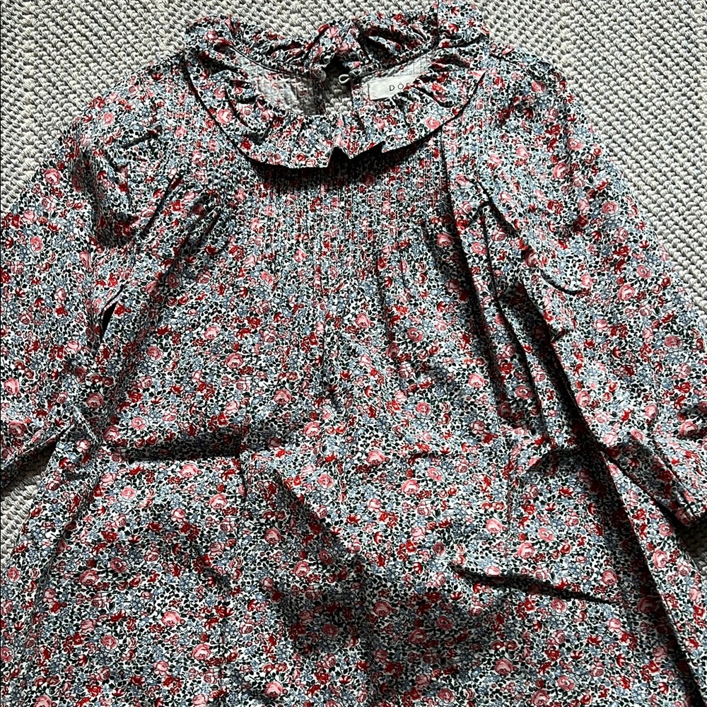 Doen Floral Ruffle Collar Dress in Red and Blue